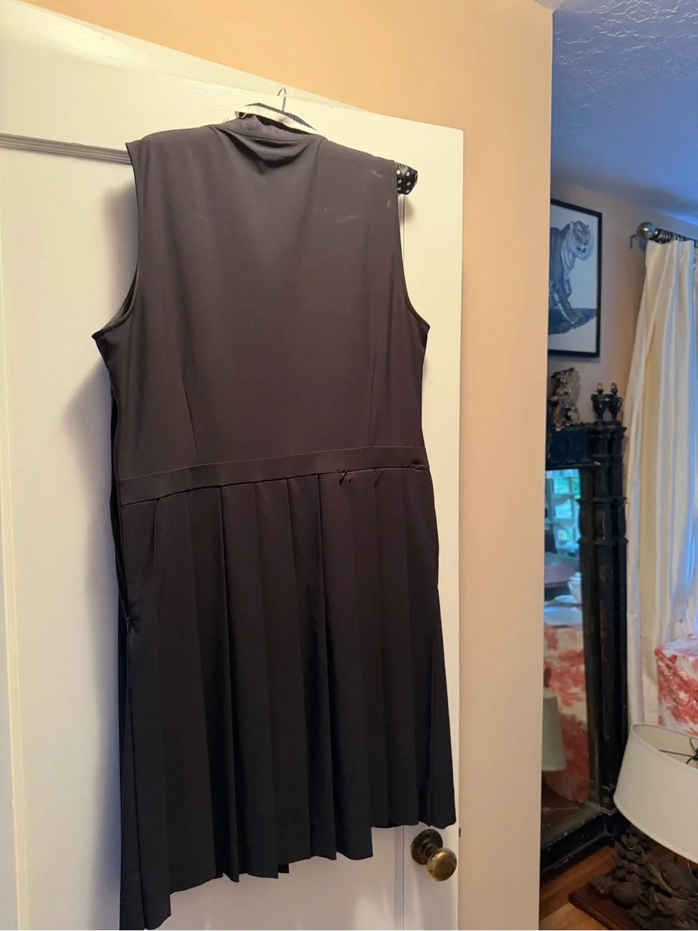 Tory Burch Black Sleeveless Pleated Polo Dress with Striped Collar